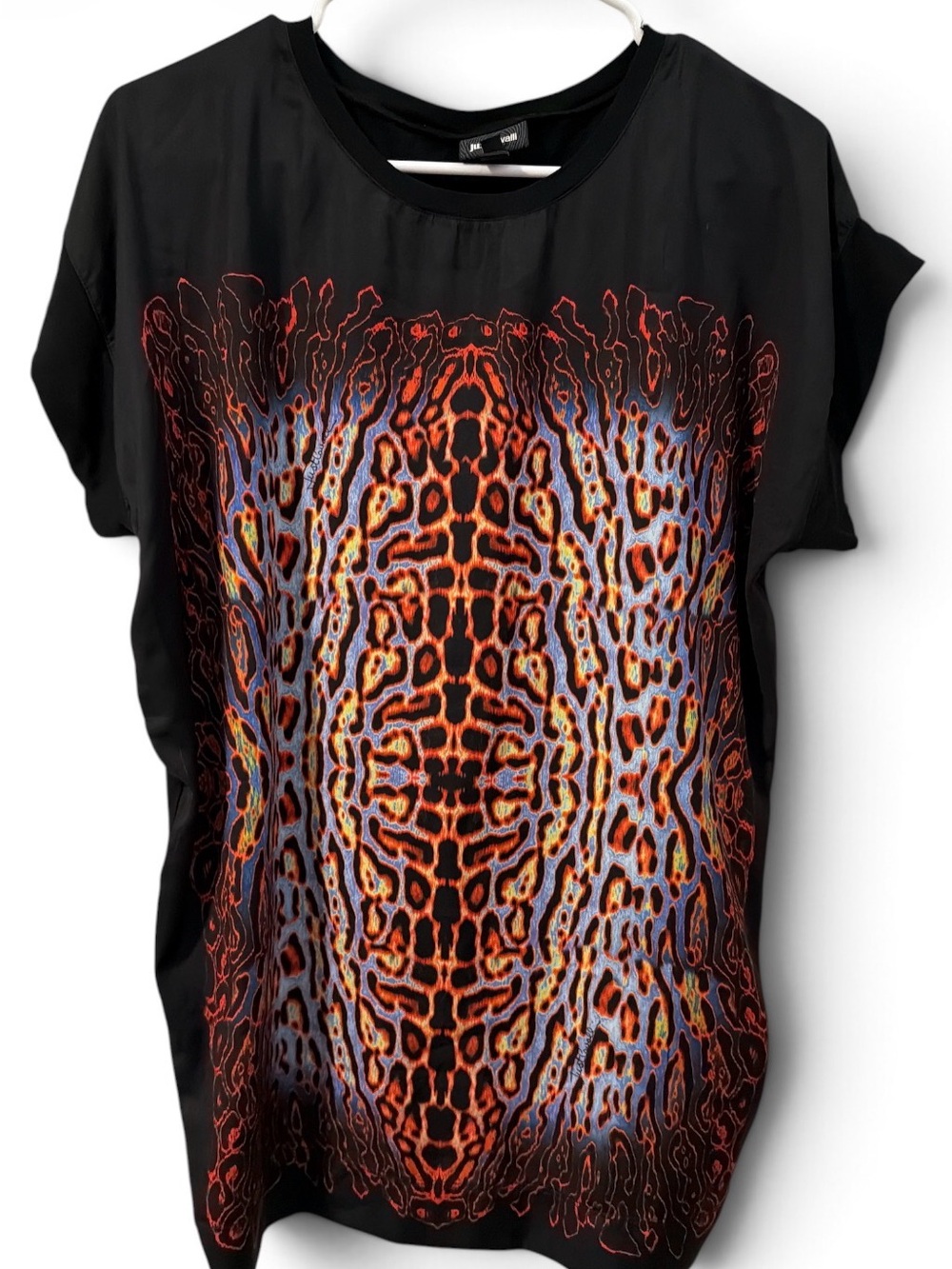 Just Cavalli Black Tee with Orange and Blue Animal-Print Panel